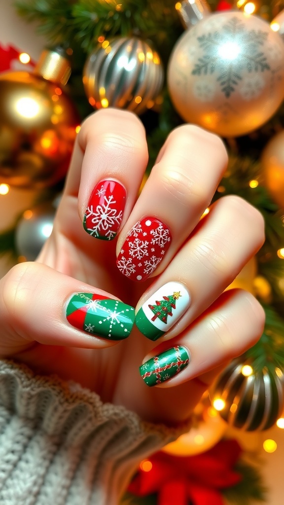 Festive Christmas nail designs in red and green with snowflakes and Christmas trees.